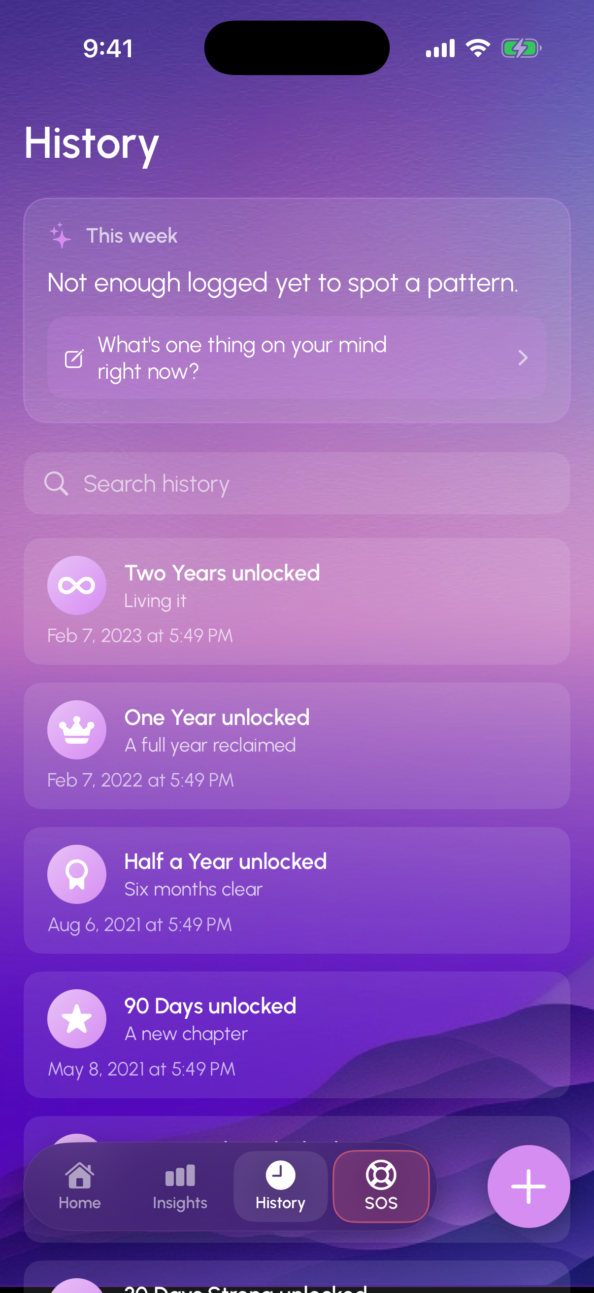 Milestone history timeline showing Two Years, One Year, Half a Year, 90 Days unlocked