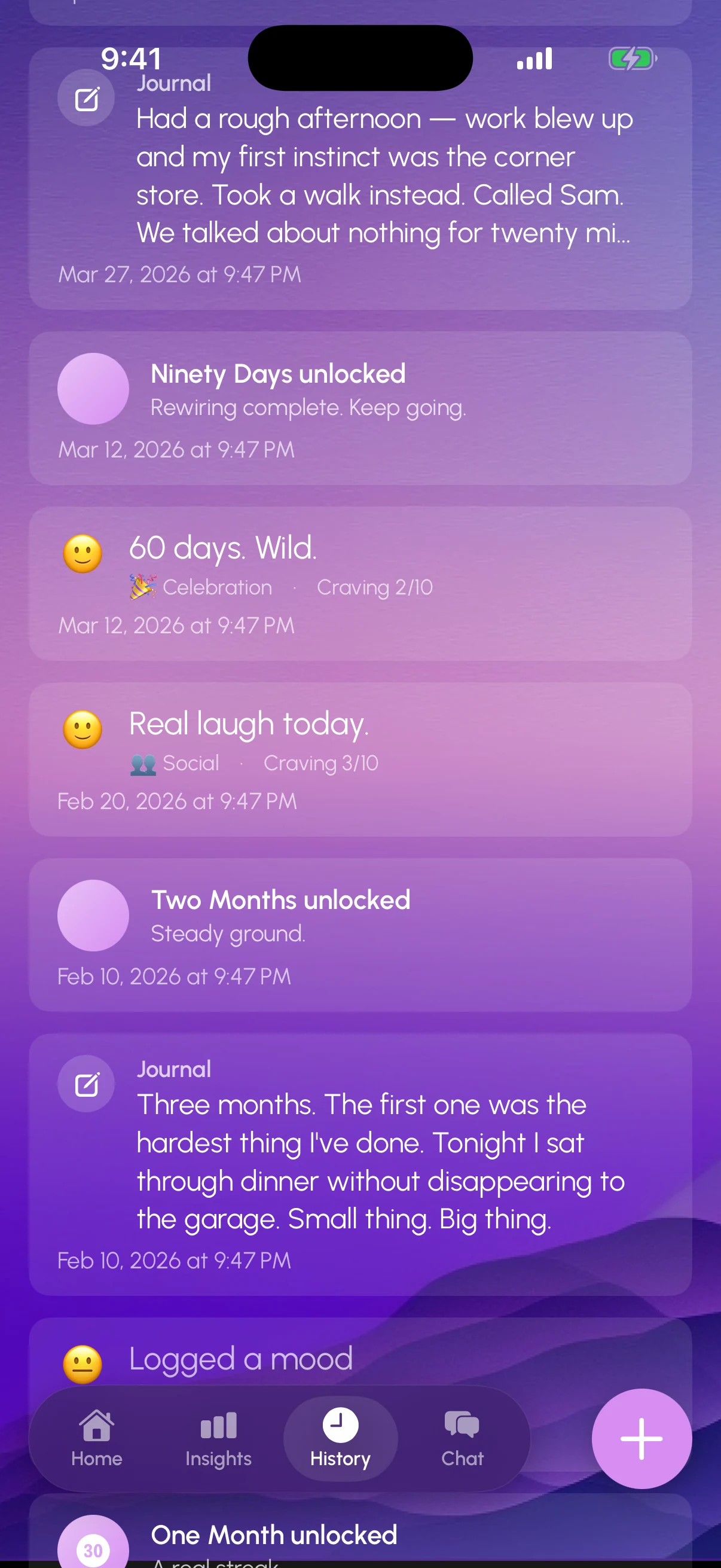 Milestone history timeline showing Two Years, One Year, Half a Year, 90 Days unlocked