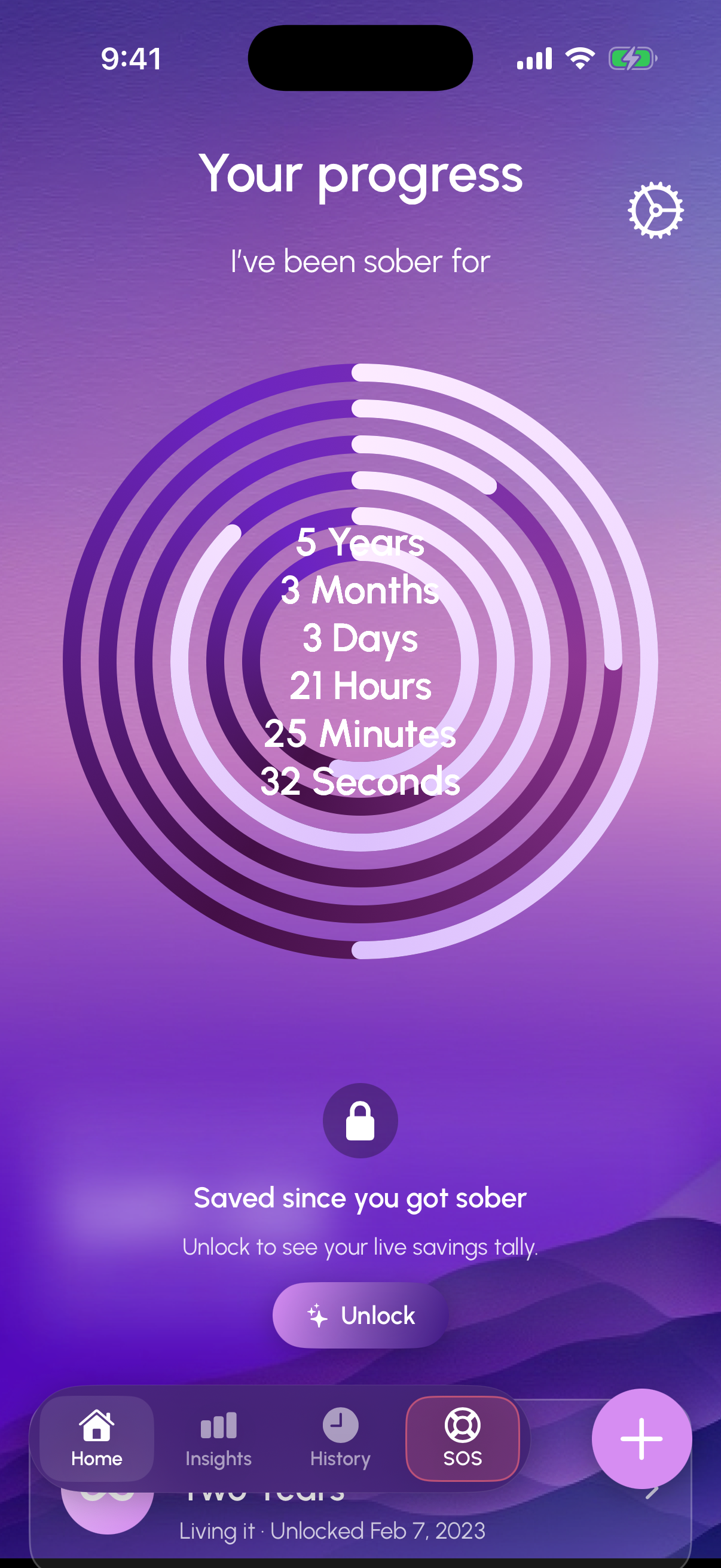 SobrietyCounter home screen showing a multi-ring sobriety counter