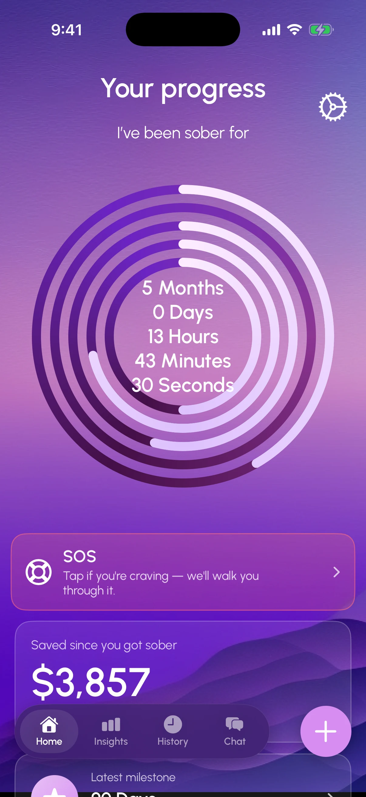 SobrietyCounter home screen showing a multi-ring sobriety counter