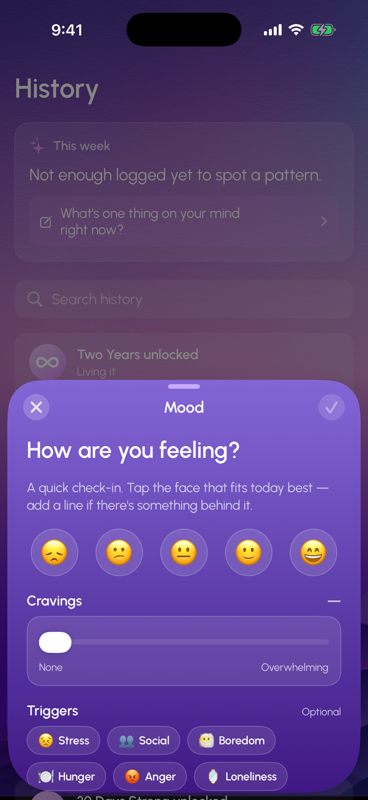 Mood check-in: emoji scale, cravings slider, trigger chips