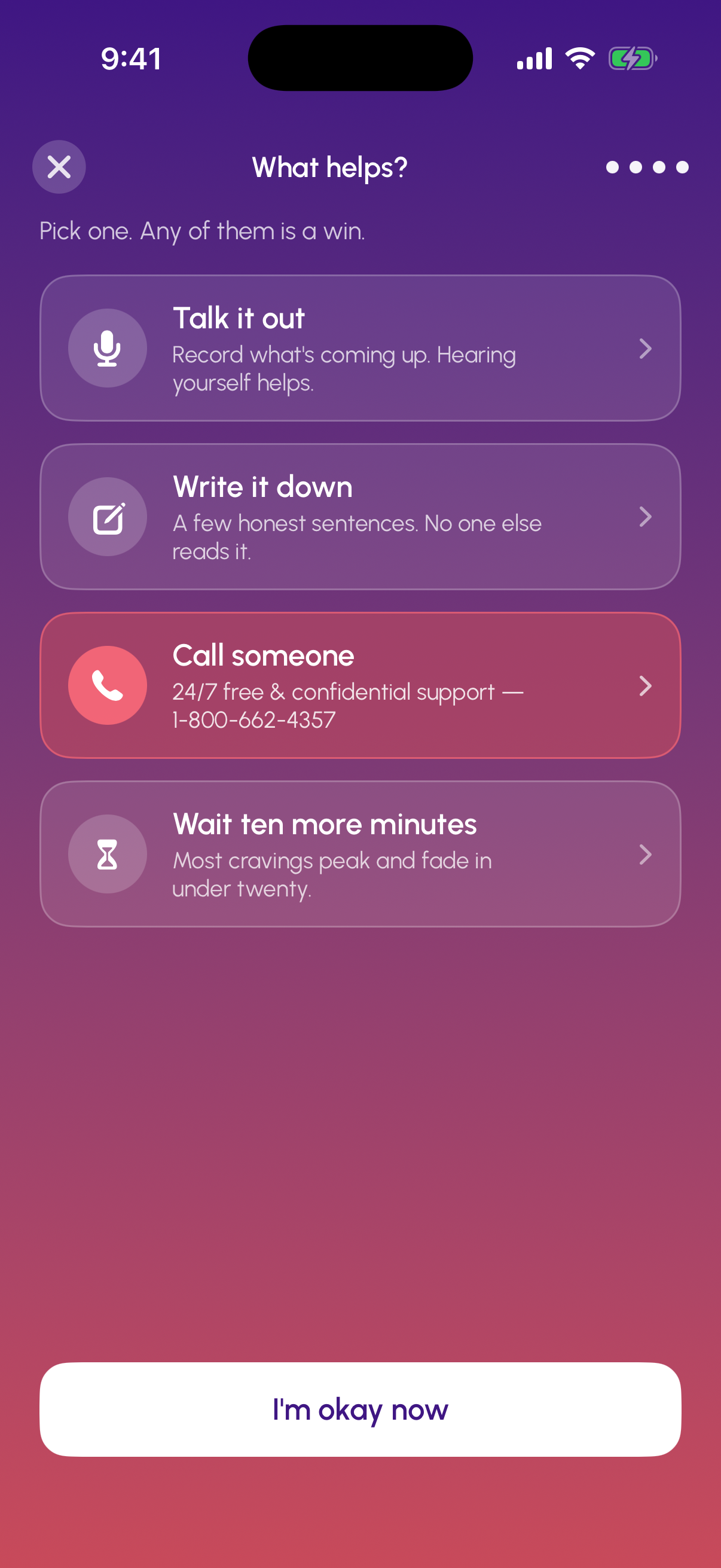 SOS — What helps? Tools grid: Talk it out, Write it down, Call someone, Wait ten more minutes